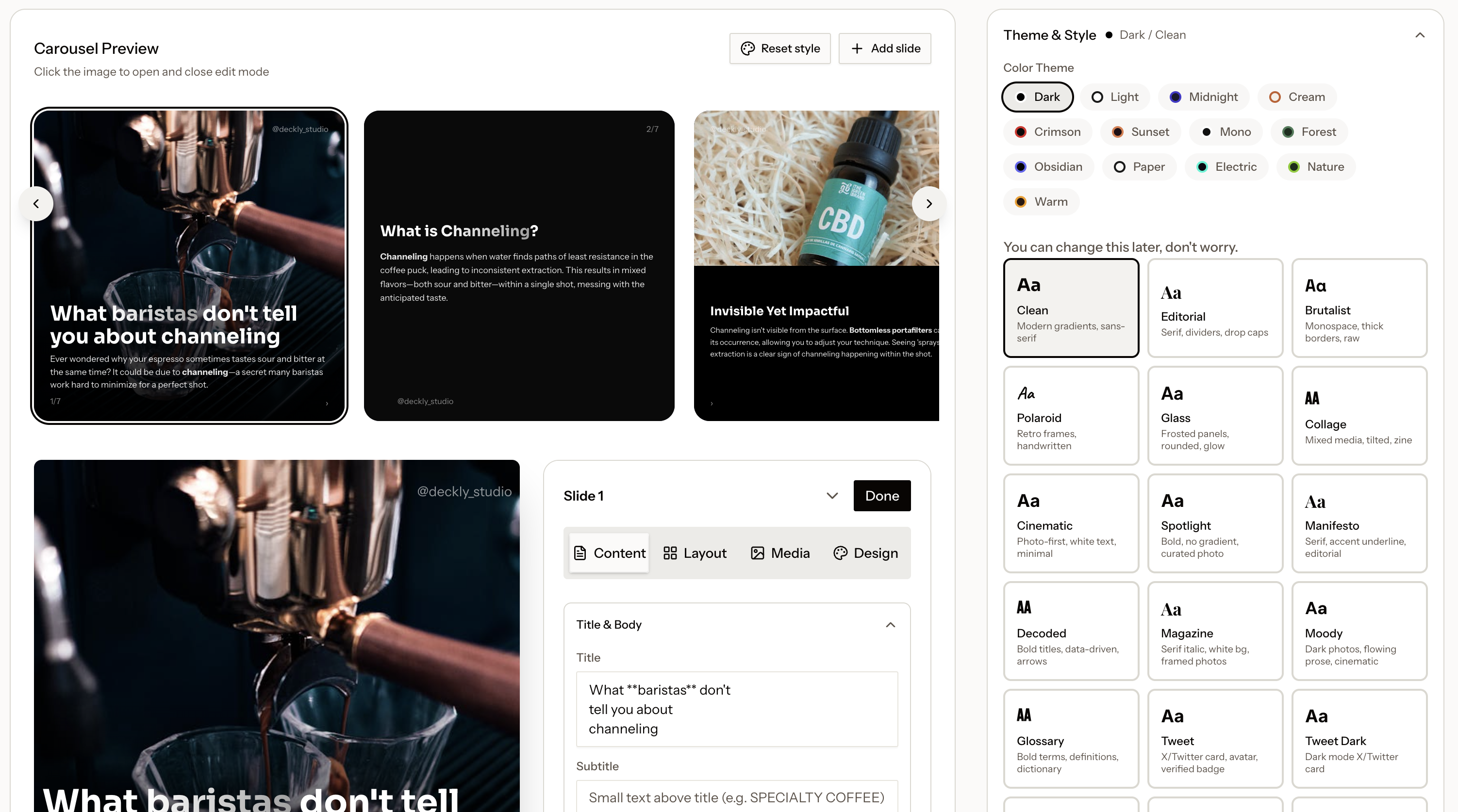 Deckly Studio generating carousel